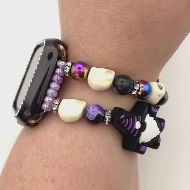 Halloween Spooky Gnomes and Skulls Watch Band Compatible with Apple Watch Made with Silicone Acrylic and Rhinestone Beads