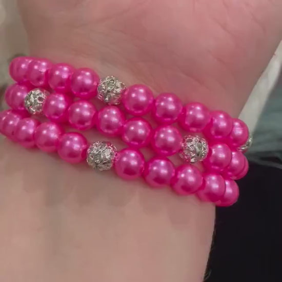 Pink Watch Band Compatible with Apple Watch Made with Imitation Pearl and Rhinestone Beads