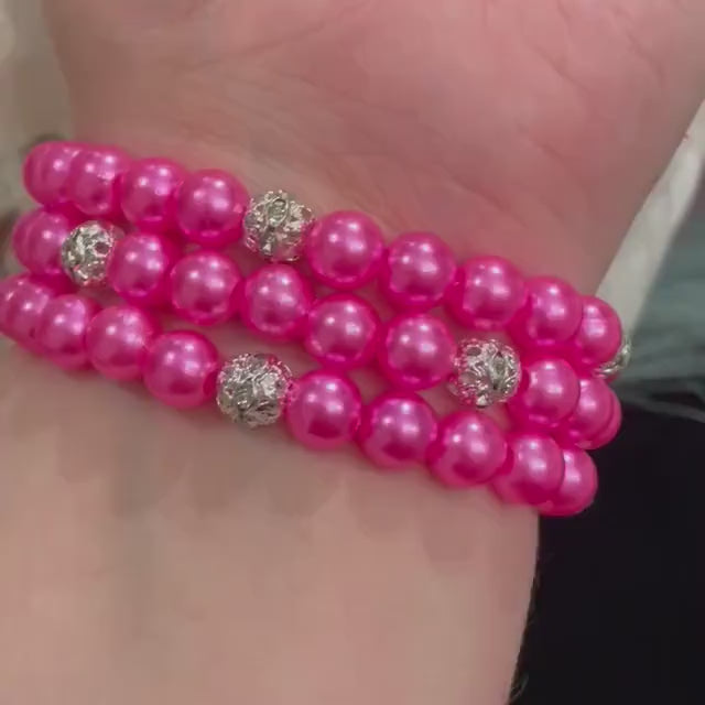 Pink Watch Band Compatible with Apple Watch Made with Imitation Pearl and Rhinestone Beads