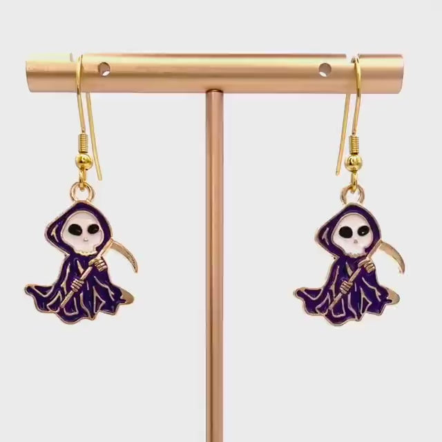 Grim Reaper Halloween Earrings Made with Gold Finished Stainless Steel Earring Hooks