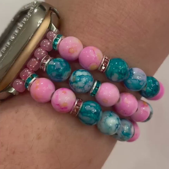 Pink and Teal Watch Band Compatible with Apple Watch Made With Acrylic and Rhinestone Beads