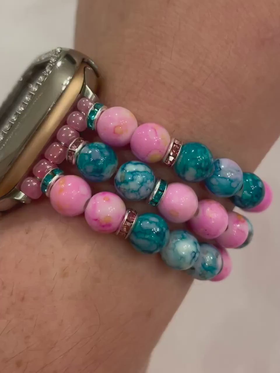 Pink and Teal Watch Band Compatible with Apple Watch Made With Acrylic and Rhinestone Beads