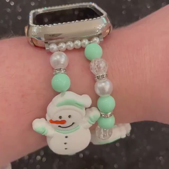Mint Green Snowman Watch Band Compatible with Apple Watch Made with Silicone Snowmen, Acrylic, and Rhinestone Beads with Custom Sizing!