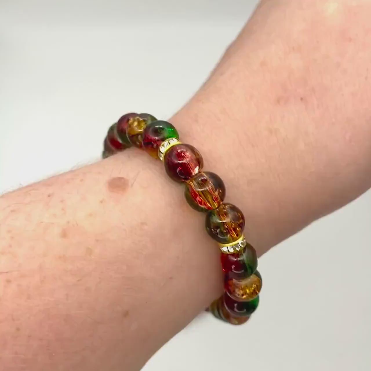 Christmas-Themed Multicolor Crackle Glass Beaded Bracelet with Gold Accents | Red Green and Gold Custom Sized Handmade Bracelet
