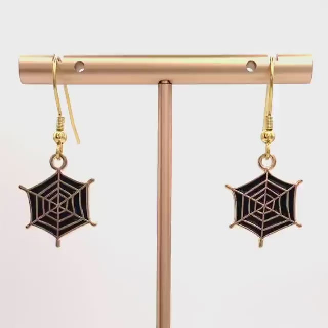 Spider Web Halloween Earrings Made with Gold Finished Stainless Steel Earring Hooks