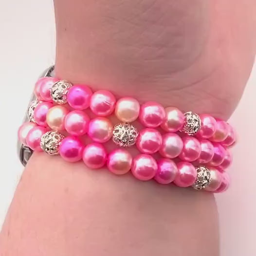 Pink & Orange Ombré Pearl Watch Band Compatible with Apple Watch Made with Imitation Pearl and Rhinestone Beads